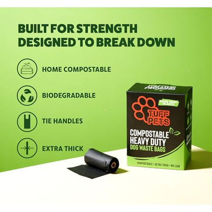 Tuff Pets Certified Compostable Heavy Duty Dog Poop Bag With Handles - 12 Rolls of Pet Waste Bags - Fits in any Dogs Poo Bag Dispenser or Holder - Thick Dog Poop Bags - style: Green - Certified Compostable