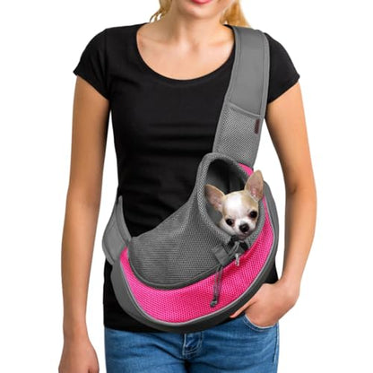 YUDODO Pet Sling Carrier for 5-9 lbs Small Dogs & Cats – Hands-Free Puppy Carrier with Safety Hook, Large Zipper Pocket, Soft Breathable Mesh, Adjustable Strap & Reflective Strip (Pink 1.0 M) - color: Pink 1.0 Basic (Zipper Pocket), size: Medium (4.5-9lbs