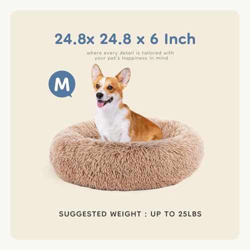 DUMOS 24.8x24.8 Inch Calming Donut Dog Beds for Medium Dogs, Machine Washable Cuddler Warming Cozy Fluffy Faux Fur Plush Round Pet Bed, Anti-Slip Bed for Indoor Dogs and Cats, Brown(2 Pack)
