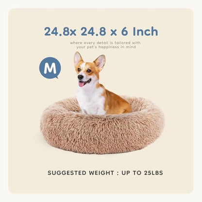 DUMOS 24.8x24.8 Inch Calming Donut Dog Beds for Medium Dogs, Machine Washable Cuddler Warming Cozy Fluffy Faux Fur Plush Round Pet Bed, Anti-Slip Bed for Indoor Dogs and Cats, Brown(2 Pack)