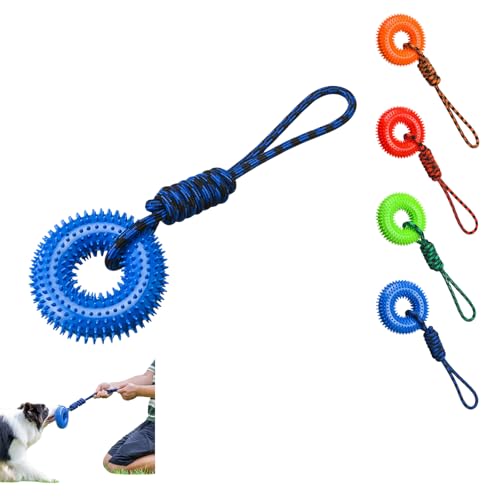 Dog Toys Squeaky - Spiky Ring for Chewers Dog Teething Toy with Rope, Squeaky Puppy Teething Spikey Glitter Ring Chew Toy, Aggressive Chew Indestructible for Puppy Teething Boredom Relief (Blue 1) - color: Blue 1