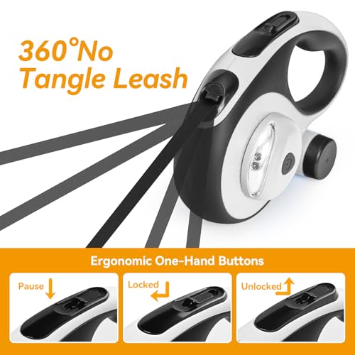 Heavy Duty Retractable Dog Leash for Large Dogs, 26ft Dog Leash with Poop Bag Holder, Up to 110lbs, chew Proof Cable, LED Light, 360° No-Tangle, One-Handed Pause & Locked (White, L 26ft) - color: White