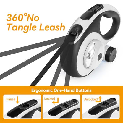 Heavy Duty Retractable Dog Leash for Large Dogs, 26ft Dog Leash with Poop Bag Holder, Up to 110lbs, chew Proof Cable, LED Light, 360° No-Tangle, One-Handed Pause & Locked (White, L 26ft) - color: White