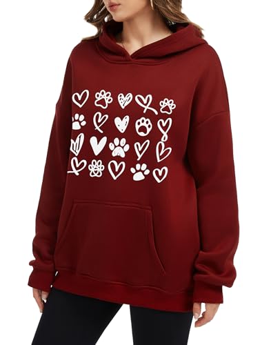 Womens Dog Paw Hoodie-Long Sleeve Pullover Fleece Lined Dog Mom Sweatshirts with Pocket - color: A-dark Red, size: Large