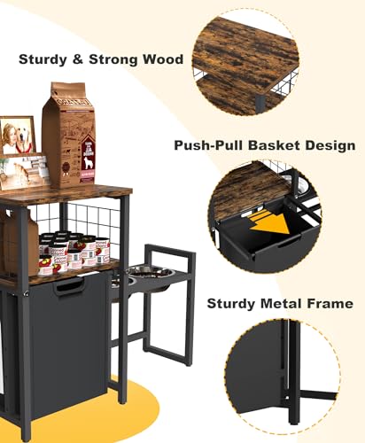 30.6Long x 26.2 High Elevated Dog Bowl Stand with Pet Food Storage Organizer, Adjustable Raised Feeding Station with Toy Basket for Large Medium Small Dogs and Cats, Black - color: Black