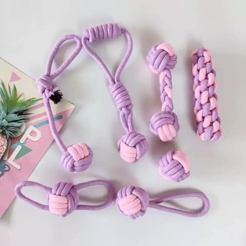 Dog Rope Toys, 7 Piece Cotton Teething and Chewing Set, Purple and Pink (Picture Color)