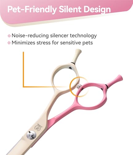 Curved Dog Grooming Scissors with Coating 440C Stainless Steel, 7 inch Professional Curved Shears Dog Grooming，25 Degree of Curved Blade，Pet Shears for Trimming Face and Paws, Pink & White - color: Pink&white