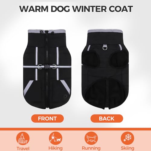 Mihachi Dog Snow Jacket Waterproof Dog Coat with Harness Built in,Thick Fleece Lined & Pockets,Turtleneck Warm Winter Jacket for Large Dogs Reflective Fleece Vest with Zipper,Snowsuit Outfit,Black L - color: Black, size: Large