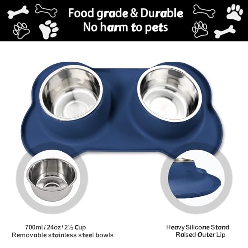 AsFrost Dog Food Bowls Stainless Steel Dog Food & Water Bowl Set with No Spill No Slip Silicone Mat, Dog Dishes for Small Medium Size Dogs Pet Cat Puppy Food Feeding Bowls, Blue, 24oz, 3 Cup - color: BLUE, size: 3 Cup/27 oz each