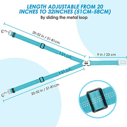 SlowTon Dog Seat Belt, Double Dog Seatbelt Adjustable Vehicle Safety Leash with Elastic Bungee Buffer, Reflective No Tangle Y Shape Two Dog Harness Seat Belt Splitter for Pets Car Trip (Mint Blue, M) - color: C.Mint Blue, size: 2 Medium in 1