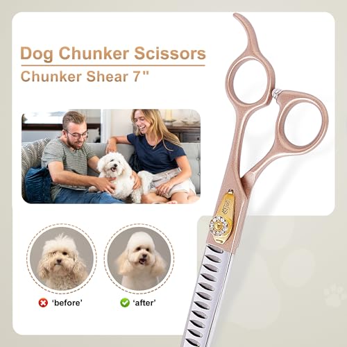 Professional Dog Grooming Scissors Rose Gold 440C Stainless Steel Straight Thinning Curved Chunker Shears for Pet Grooming Services Dogs and Cats (Chunker, 7‘’) - size: 7‘’, style: Chunker