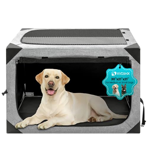 Dog Crate,30x21x21 Inch Large Dog Crate for Large or Medium Dogs, Portable and Foldable Design of Dog Cage, Perfect for Travel or Home Use, Dog Kennel with 3-Door and Durable Mesh Windows, Light Grey - color: Grey, size: 30.0"L x 21.0"W x 21.0"H