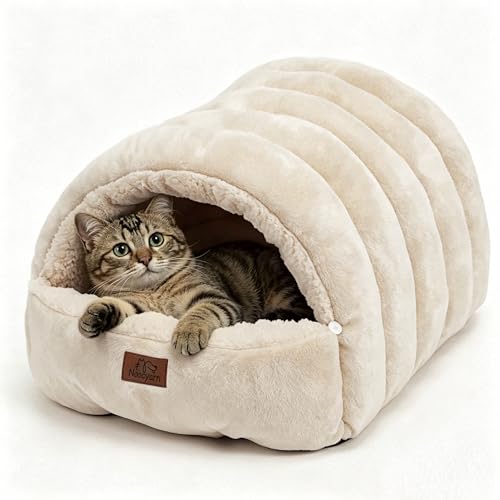 Covered Cat Bed Cave for Indoor Cats, 2-in-1 Enclosed Pet Bed for Small Dogs and Kittens with Zippered Washable Cat Mats, Cat House Bed, Beige - color: Beige, size: 23.6x17.7