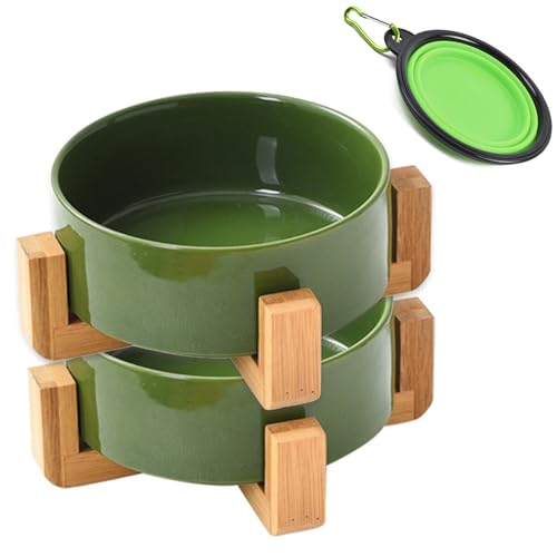 Petygooing Ceramic Cat Dog Bowl Set with Stand,Small Dog Bowls, Pet Food and Water Dish, Anti Slip Set of 2 Cat Bowls- Cute Modern Pet Food Bowl Small Size Dog (13.5OZ/5.1 in) Rust Green - color: Rust Green, size: Puppy/Small Size Dogs & Cat Bowls 400ML*2