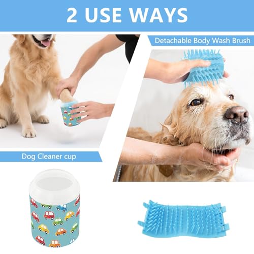 Cars Blue Print Dog Paw Cleaner Cup with Soft Silicone Brush, Lightweight Small Portable Muddy Paw Washer for Dogs, Easy to Use Pet Foot Cleaner