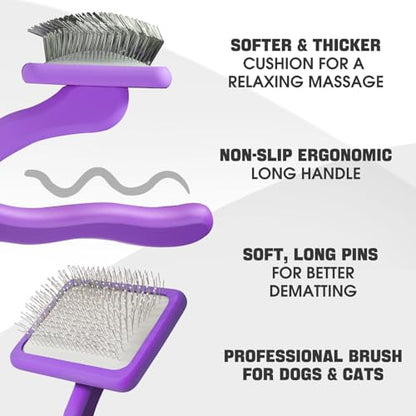 Bonteck Dog Slicker Brush for Dogs Grooming Kit 5PCS | Large Dog Brush for Goldendoodles Poodles Doodles | Long Pin Haired Brush | Poodle Brushes and Comb (Purple) - color: Purple