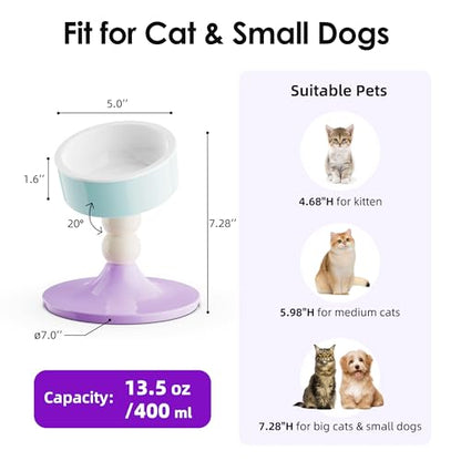Ceramic Elevated Raised Cat Bowls,3 Heights Adjustable Raised Dog Bowl Stand for Indoor Cats and Small Dogs,15° Tilted Cat Food Feeding Dishes，Adjusts to 4.69", 5.98", 7.28" (Pink & White) - color: Lavender & Mint