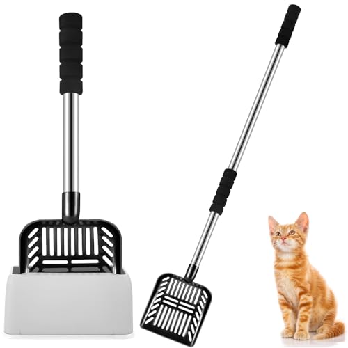 Hortsun 32 Inch Cat Litter Scooper Metal Long Handle with Cat Litter Scoop Holder Deep Kitty Sifter Shovel Detachable Stainless Steel Poop Sifter Scooper Caddy Kitty with Box(Black) - color: Black