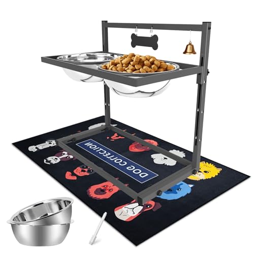 SHAINFUN Elevated Dog Bowls for Large Dogs and Extra Large Sized Dog Raised Dog Bowl Stand Adjustable Height with Two 3000ML(13-14cups) Stainless Steel Dog Food Bowls Metal Elevated Dog Bowl Stand - color: Grey - 106oz Bowl & Mat, size: X-Large Dogs