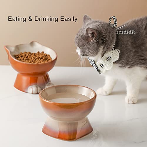 Nihow Elevated Cat Bowls,6 Inch Ceramic Raised Cat Food and Water Bowl Set | Slanted,Whisker Friendly,for Protecting Pet's Spine,Microwave & Dishwasher Safe ,Elegant Brown,6.8 OZ - color: Brown, size: 6.8 OZ+15.5 OZ