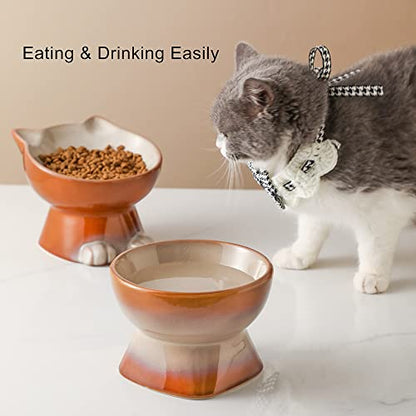Nihow Elevated Cat Bowls,6 Inch Ceramic Raised Cat Food and Water Bowl Set | Slanted,Whisker Friendly,for Protecting Pet's Spine,Microwave & Dishwasher Safe ,Elegant Brown,6.8 OZ - color: Brown, size: 6.8 OZ+15.5 OZ