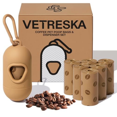 VETRESKA Dog Poop Bags Dispenser with Coffee Scented Waste Bags, Leak Proof, Extra Thick & Strong, 1 Holder and 105 Count Pet Poop Bags (7 Refill Rolls) for Dogs and Cats - size: 1 Count (Pack of 105), style: coffee