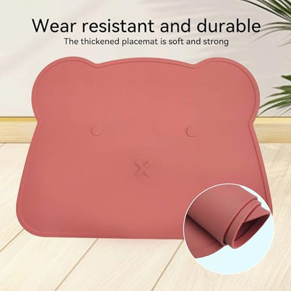 Silicone Waterproof Dog Cat Pet Feeding Mats,Anti Slip Pet Bowl Mats, BPA Free Silicone Pete Feeding Mat Bear Pattern 16In x 12In(Brick red) - color: brick red