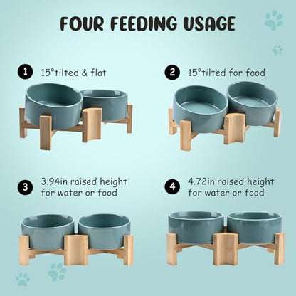 SPUNKYJUNKY 15° Slanted Ceramic Dog and Cat Bowl with Wooden Stand, Tilted Bulldog Food and Water Bowl No Slip Non-Spill for Cats Medium Dogs Big Face Pets 28.7 OZ (3.6 Cups, Light Green × 2) - color: Light Green, size: 3.6 CUPS × 2