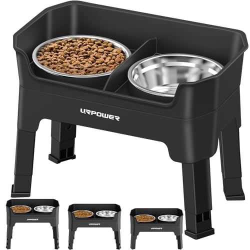 URPOWER 3-in-1 Elevated Dog Bowls - Mess Proof Double Deck 4 Height Adjustable Raised Stand with 2 Stainless Steel Food Bowls & Licking Plate for Small, Medium & Large Dogs - color: Black, size: Large