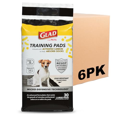 Glad for Pets Activated Carbon Dog Training Pads with Anti-Microbial Technology, Odor Eliminator Pee Mats for Dogs, 6-Layer Leak-Proof Heavy Duty Indoor Puppy Potty Pads, 23 x 23 Inches, 30 Ct - 6 Pk - size: 30 Count (Pack of 6)