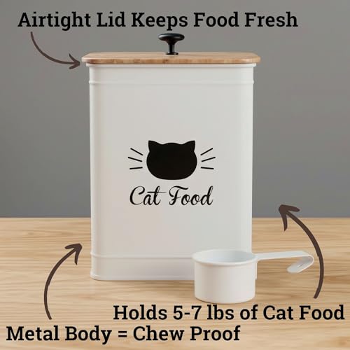 Cat Food Storage Container with Scoop - 5-7 lb (25 Cup) Capacity Metal Cat Food Container with Airtight Bamboo Lid and Metal Scoop - Airtight Pet Food Storage Containers 5 lb - 7 lb Kibble Container - color: White