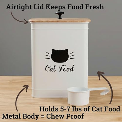 Cat Food Storage Container with Scoop - 5-7 lb (25 Cup) Capacity Metal Cat Food Container with Airtight Bamboo Lid and Metal Scoop - Airtight Pet Food Storage Containers 5 lb - 7 lb Kibble Container - color: White