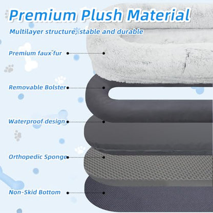 WROS Human Dog Bed - 71"x45"x12" Fits You & Pets, Washable Faux Fur, Orthopedic, Plump Pillow, Blanket, Strap - Grey - color: Grey