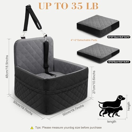 Dog Car Seat for Small/Medium Dogs,Pet Dog Booster Car Seat Puppy 15-35 lbs with Soft 4+2in Detachable Pads Detachable Elevated Cushion and Washable Cover Safety Belt Storage Pockets Easy to Install - color: grey+black