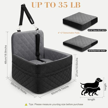 Dog Car Seat for Small/Medium Dogs,Pet Dog Booster Car Seat Puppy 15-35 lbs with Soft 4+2in Detachable Pads Detachable Elevated Cushion and Washable Cover Safety Belt Storage Pockets Easy to Install - color: grey+black