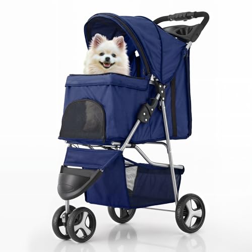 MoNiBloom 3 Wheels Pet Stroller, Foldable Dog Cat Cage Jogger Stroller with Weather Cover for All-Season, Storage Basket and Cup Holder, Breathable and Visible Mesh for Small/Medium Pets, Blue - color: Navy Blue