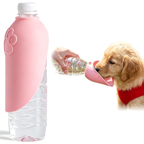 Portable Dog Water Bottle Attachment, Slip-On Pet Water Bowl for Walks | Silicone Dog Drink Dispenser, Fits Standard Water Bottles,Ideal for Dog Cat Walking Hiking Travel Foldable Leaf Design - color: Pink