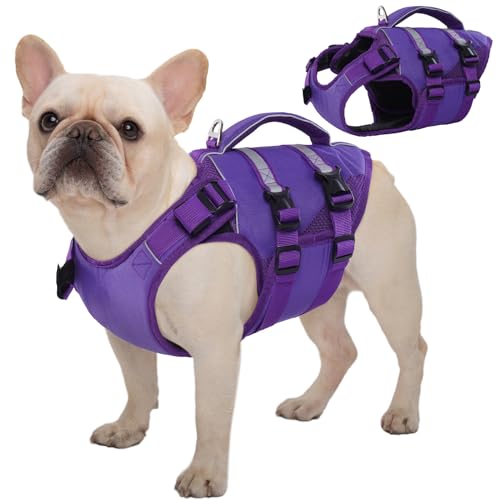 Kuoser Dog Life Jacket, High Flotation Dog Life Vest for Swimming Boating, Adjustable Ripstop Pet Lifesaver for Small Medium and Large Dogs, Reflective Safety Puppy Swimming Vest with Rescue Handle - color: Purple, size: S (Chest Girth:16.93-21.26'')