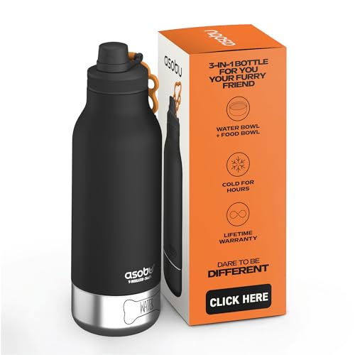 asobu Dog Barky Bottle – Insulated Stainless Steel Water Bottle with 2 Removable Dog Bowls for Food, Treats & Water – Pet-Friendly Travel Bottle for Hiking, Road Trips & Outdoor Adventures - color: Black