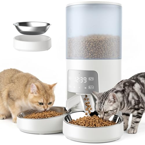 NEWBULIG Automatic Cat Feeder for 2 Cats, 6L/25.3 Cups Timed Pet Feeders with Dual Bowls, 10s Voice Recorder, Dog Food Dispenser for Dry Food, 6 Meals/Day, 50 Portions/Meal, Dual Power Supply, White - color: White, size: 6 L - Dual Bowls