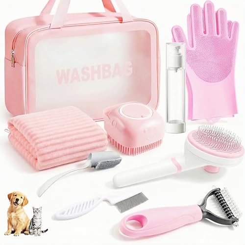 9PCS Dog Bath Kit & Dog Brush Kit for Dogs & Cats - Professional Pet Grooming Tools Set with Shedding Brush, Bath Scrubber, Dematting Comb & Storage Bag - Complete Dog Washing Essentials, Pink - color: 9PCS-Pink