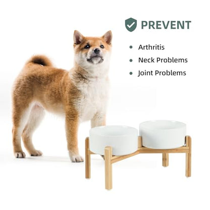 Havniva 7.3” Dog Bowls Elevated Ceramic Dog Food and Water Bowl Set, Double Raised Dog Water Bowl with Stand Non-Slip Rubber Base Large Capacity Feeding Pet Food Bowl for Medium Dogs - color: Matte White - 2 Bowls+Stand, size: 7.3 Inch