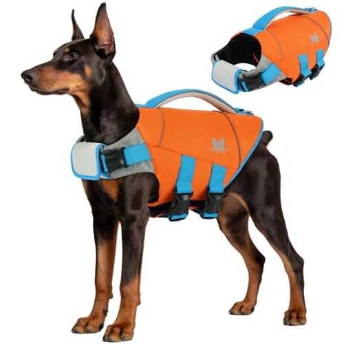 IDOMIK XL Dog Life Jacket High Flotation, Ripstop Reflective Dog Life Vest for Swimming Boating, Safety Lifesaver with Rescue Handle & Buoyancy, Adjustable Swimming Vest for Large Dogs,Orange,XL - color: Orange, size: X-Large