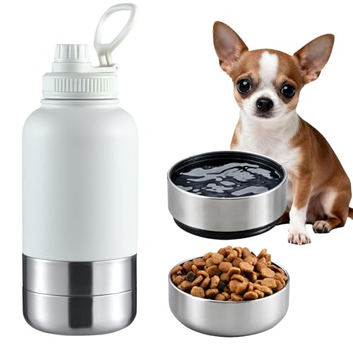 Cibaabo Insulated Dog Water Bottle with 2 Bowls, 32oz Travel Stainless Steel Double Wall Thermos, Portable Pet Dispenser, Gifts for Puppy Small Medium Dogs Walking Hiking and Camping - color: Off-White