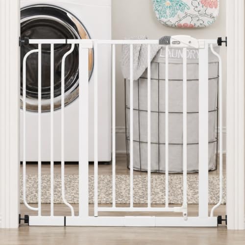 Regalo Safety 29-38.5" Baby Gate for Doorways & Bottom of Stairs, Pressure Mounted Baby Gate with Door for Babies, Toddlers & Pets, Tested & Safe for 30 Years, American Designed, American Owned, White - color: White, size: 29-38.5"W x 30"H