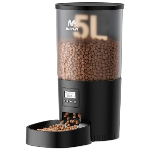IMIPAW Automatic Cat Feeders, 5L Large Capacity, Timed Feeding Dry Food, Dual Power Design, Programmable Portion Size, 1-6 Meals Per Day, with Desiccant, Suitable for Small Pets Food Dispenser, Black - color: Black, size: 5L