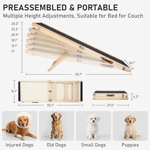 Wooden Dog Ramp for Couch High Bed, Non Slip Pet Ramps for Small Dogs and Cat with 6 Adjustable Height from 11.02'' to 25.2'', Portable 55.12'' Long Foldable Ramp for Dogs to Get on Bed Car - size: 140CM Long