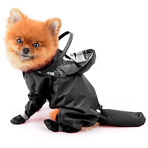 PAIDEFUL Small Dog Full Body Coverage Raincoat Solid Four-Leg Onesie Rain Jacket Waterproof Hoodie Puppy Clothes Button Lightweight Cats Costume, Black, M - color: black, size: M: Chest: 15.7", Back: 12.6"