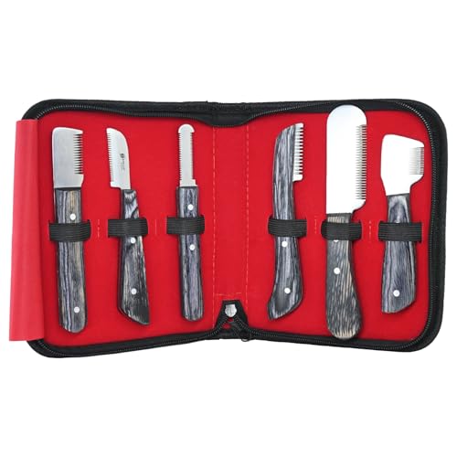Dog Grooming Stripping Knife Set – 6-Piece Stainless Steel Hand Stripping Tools with Wooden Handles – Coarse, Medium, Fine & Extra-Fine Knives for Dogs, Cats & Wire-Coated Pets (Black)
