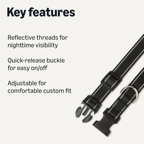 Amazon Basics Reflective Polyester Dog Collar, Adjustable Length 15"-23.5", 1.1" W, Quick-Release Buckle for Easy On/Off, Medium, Black - size: m